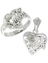 Sterling Silver #1 MOM Heart Love Ring & Pendant Set CZ Stones Rhodium Finished
