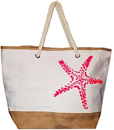 Rope Handle Nautical Starfish Print Beach Tote Bag with Jute Trim (Fushia)