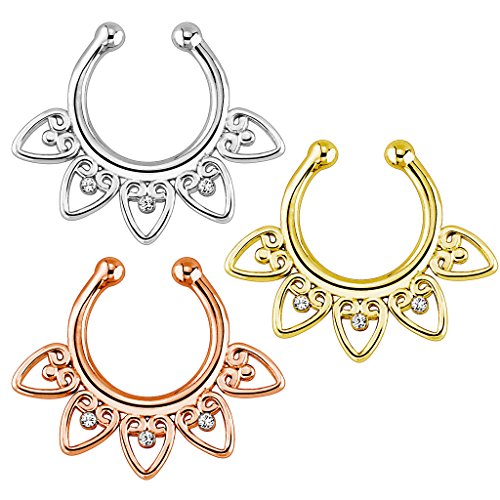 Plated Fake Septum Clicker Clip On Non Piercing Nose Ring Hoop Cartilage Septum Hanger Heart 3/8