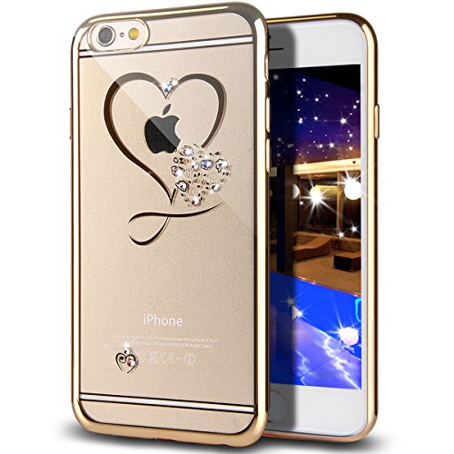 iPhone 6S Plus Case,iPhone 6 Plus Case,NSSTAR Mini Love Heart Glitter Bling Crystal Rhinestone Diamonds Clear Rubber Golden Plating Frame TPU Soft Silicone Bumper Case Cover for iPhone 6/6S Plus 5.5
