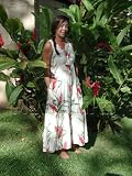 Button Front Long Tank - Red Ginger Empire Waist Ruched Bust Line Drawstring Back Tie Hawaiian Aloha Ankle Length Dress in Cream - XS