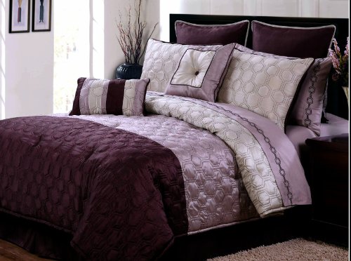 12 PC. HAMILTON STITCHED OVERSIZED COMFORTER SET W/ SHEETS, PILLOWS, SHAMS, PLUM/PURPLE, KING