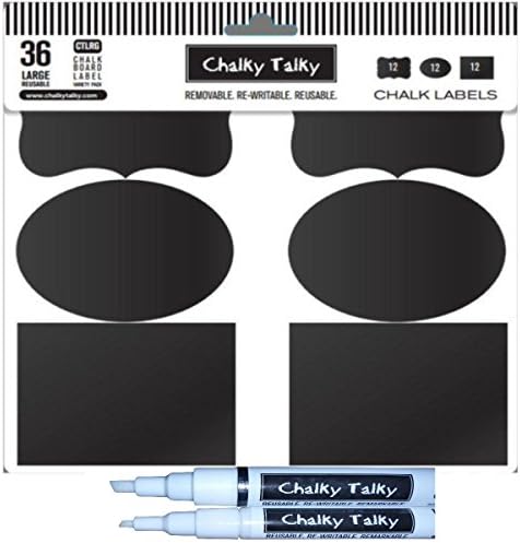 Chalky Talky 2 Size Liquid Chalk Pen - Bold &amp; Fine No Smudge Marker Tips &amp; 36 Large Best Contrast Wet/Dry Reusable Chalkboard Labels