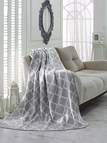 Ottomanson Bed Blankets, Bedspread, Plush Cotton Throw, Soft Cotton Cozy Trellis Design Fleece Blanket, 50" L x 65   W, Waffle Grey
