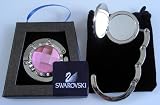 1 Pink & 12 small clear Swarovski Crystal, FOLDING Purse Hook with MIRROR inside top, Black Velvet Pouch and Gift Box