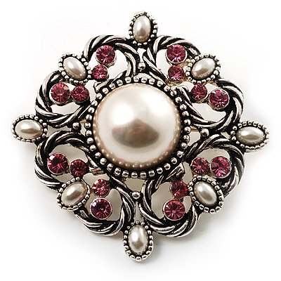 Wedding Corsage Faux Pearl Crystal Brooch (Antique Silver)