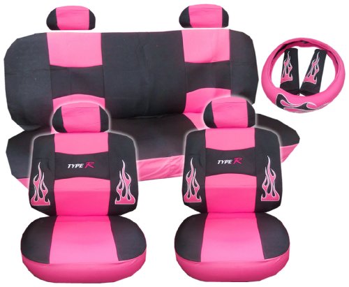 13pc Flames HOT Pink and Black Type R Racing Low Back Seat Covers with Head Rest Covers, Bench Cover with Head Rest Covers and Steering Wheel Cover with Shoulder Pads