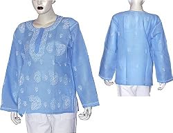 Ladies Shirt Cotton Long Sleeve Top Blouse Chikan Embroidery Size XL (ctop434)
