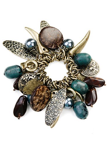 Click here to buy Antique Style Gold Charm and Green Bead Stretch Bracelet.
