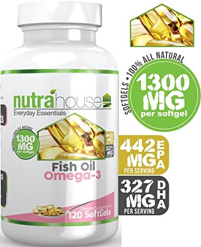 Fish Oil Concentrate 1300 mg of Omega-3, 120 Softgels with 442 mg of EPA and 327 mg of DHA per serving by NutraHouse Vitamins. 45-60 Day Supply! Best quality and value Fish Oil Omega 3 - High Levels of Eicosapentaenoic Acid (EPA) and Docosahexaenoic (DHA) Support Healthy Heart and Brain Function and Promotes Weight Loss