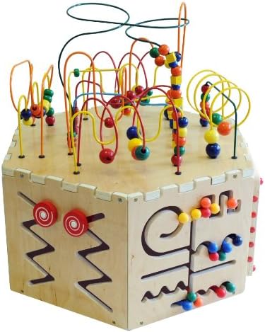 Six Sided Play table board Beaded Wire Rollercoaster Pathfinder, Learn the Alphabet, an Abacus, Gears, Magnetic Circle Express and a Ziggidy Zag Panel