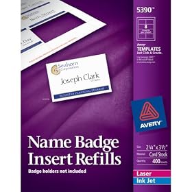 Avery 5390 White name badge inserts for laser printers, 400 2-1/4x3-1/2 inserts/box