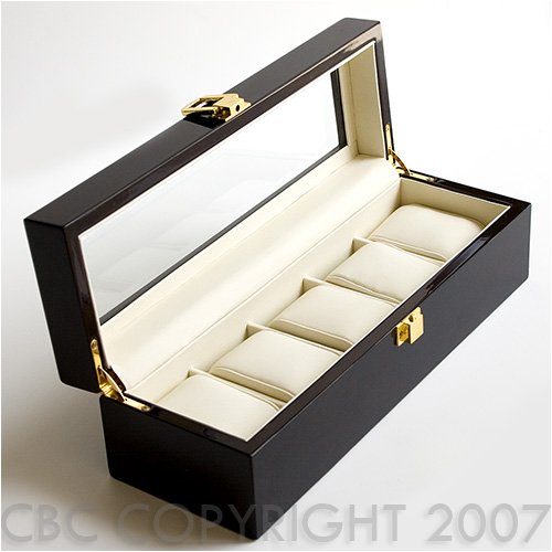 Dark Burlwood Finish Watch Case Storage Display Box With Glass Clear Top Holds 5 Watches