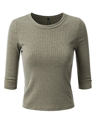 Doublju Womens 3/4 Sleeve Crewneck Cropped Ribbed Knit Top