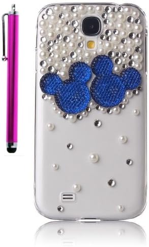 Aenmil(TM) 3D Bling Crystal Pearl Mickey Minnie Mouse Diamond Transparent Case for Samsung Galaxy S4 / SIV / i9500 and Free Gift Hot-pink Touch Pen (Blue)