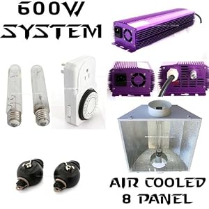 600w Watt Digital Dimmable Ballast Hydroponic Grow Light System with Air Cool 8 Panel Reflector and Metal Halide(MH) and High Pressure Sodium(HPS) Light Bulbs, Cord + Yoyo Hanger