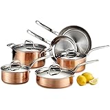 Lagostina Q554SA64 Martellata Tri-ply Hammered Stainless Steel Copper Oven Safe Cookware Set, 10-Piece, Copper