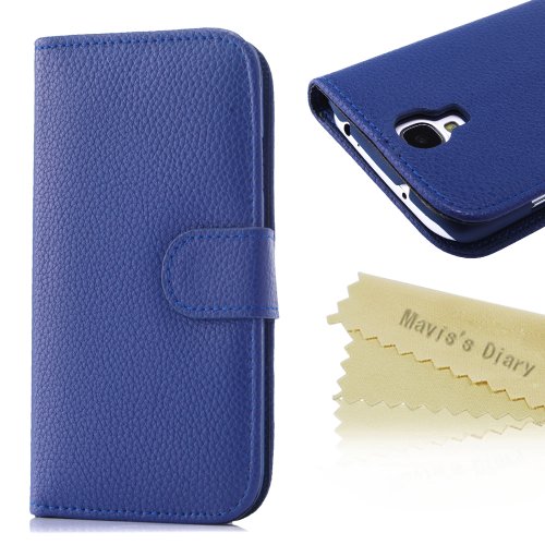 Mavis's Diary High Quality Leather Wallet Type Magnet Design Flip Luruxy Case Pink Cover for Samsung Galaxy S4 9500 9505 M919 with Soft Clean Cloth (Blue)