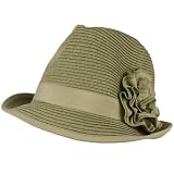 Ladies Ruffle Flower Beach Summer Fedora Trilby Crusher Packable Hat Gray