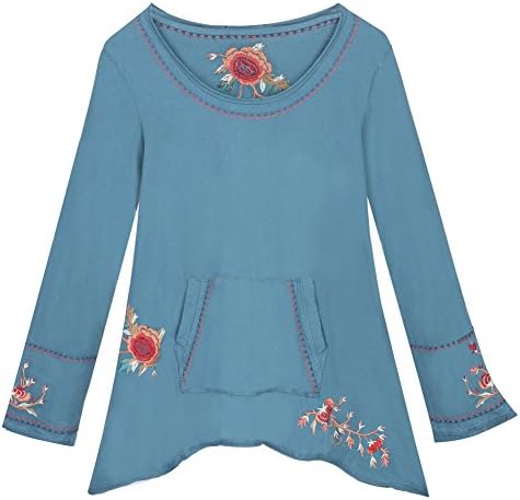 Women's Cotton Embroidered Autumn Floral Tunic Top - Teal - Large
