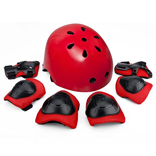 Jumphigh Sports Knees Elbows Wrists Head Support Protection Helmet Set for Unisex Skateboard Cycling Roller Skating Extreme Sports (RED)