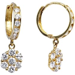 14K Yellow Gold CZ Flower Huggy Earrings