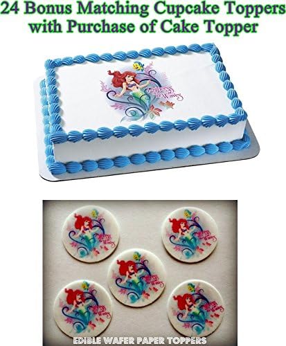 ARIEL THE LITTLE MERMAID 24 BONUS CUPCAKE TOPPERS with purchase of 1/4 Sheet Cake Topper Edible Image Picture Frosting Sheet Cake Topper