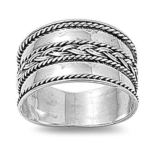 Braided Bali Wide Band .925 Sterling Silver Ring Sizes 6-12
