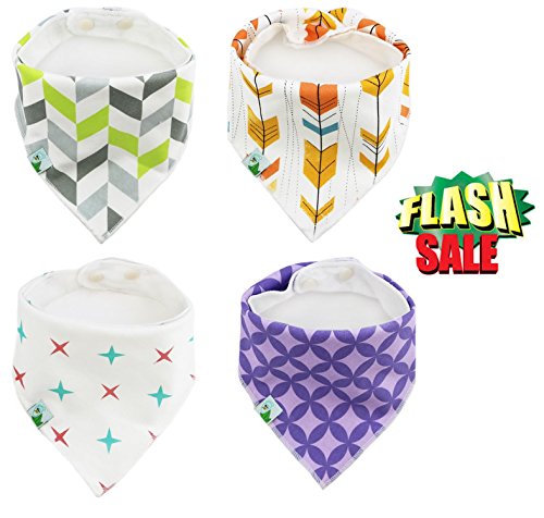 BabyDew Bandana Bibs, 4 Pack Cute Unisex Bib with Snaps - Best for Babies Drooling, Teething and Feeding . 100% Organic Cotton & Waterproof Fleece. Perfect Baby Shower Gift for Boys & Girls (7 oz)
