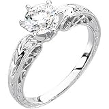 14K White Gold Hand Engraved Diamond Engagement Ring Mounting - CENTER STONE NOT INCLUDED