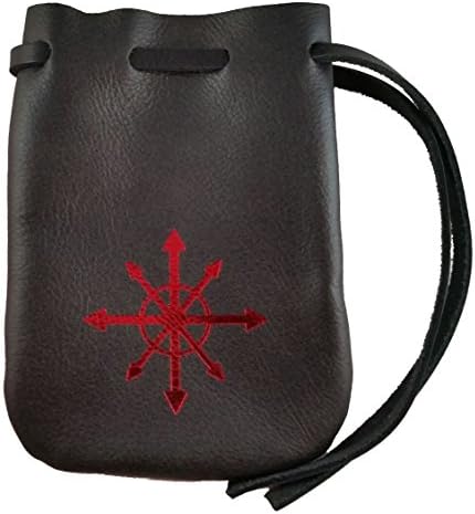 Leather Chaos Dice Bag - Medium 4.5" x 6" Drawstring Pouch (Black Leather with Red)