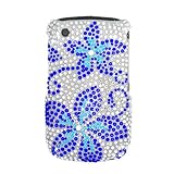 Sparkling Silver with Blue Daisy Flower Full Diamond Rhinestone Faceplate Bling Cover Case for Blackberry Curve 8520 8530