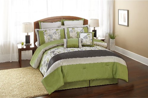 Duck River Textile Bristol Leaves Embriodered Oversize/Overfill Queen 8-Piece Comforter Set, Sage/Pewter