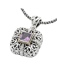 925 Silver & Amethyst Square Filigree Pendant with 18k Gold Accents