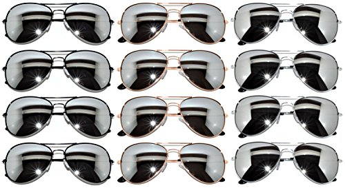 12 Pairs Classic Aviator Sunglasses Metal Gold, Silver, Black Frame Colored Mirror Lens OWL ®.