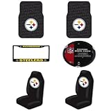 IMAGE OF NFL Pittsburgh Steelers 6 PC Auto Accessories Combo Kit - Rubber Floor Mats, Seat Covers, Steering Wheel Cover and Chrome License Plate Frame