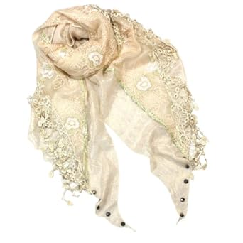 Polyester Hand Embroidered Peony Flowers Beaded Sequin Metallic Rivet Double Layers Asymmetric Triangle Scarf - Various Colors