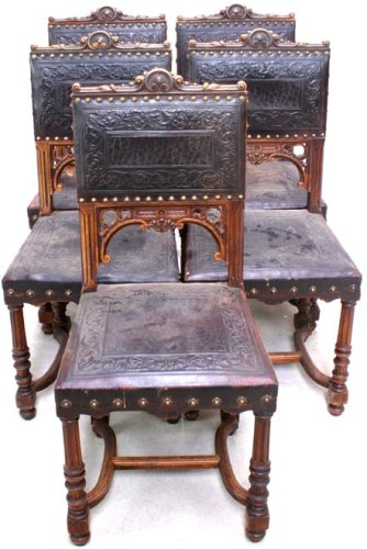 Antique French Henry II Carved Walnut Set 5 Chairs