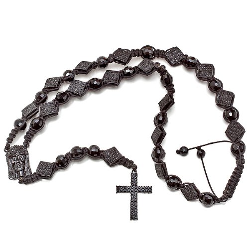 Mens Hip Hop Style 18 pcs Blackout Diamond Shaped Beads Jesus Face Black Faceted Crystal Ball Adjustable Rosary Chain (26 Inch Necklace x 7 Inch Drop)