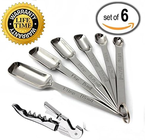 Narrow Stainless Steel Measuring Spoons, 6 piece set, plus FREE multi-functional corkscrew, Heavy Duty, Accurate, Chef Quality and Commercial Durability.