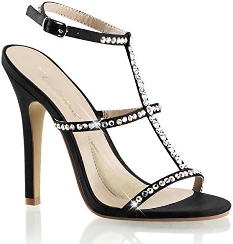 Womens Black Satin Dress Shoes with 4.5 Inch High Heels and Rhinestone T-Strap Size: 6