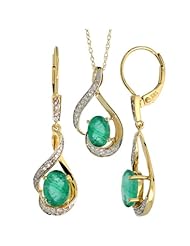 14k Gold Dangle Earrings (19mm tall) & 18 in. Pendant-Necklace Set, w/ 0.20 Carat Brilliant Cut Diamonds & 3.64 Carats Oval Cut (7x5mm) Emerald Stones