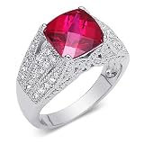 Sparkling Beauty Cushion Cut Checker Board Created Ruby & White CZ Size 7 Gemstone Ring in Sterling Silver