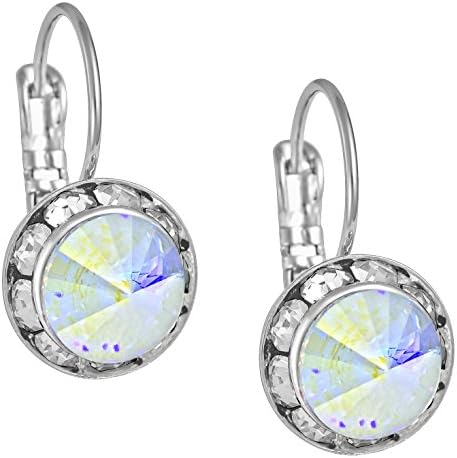 SWAROVSKI Elements Earrings: Silver Tone Drop Earrings Made with Framed Aurora Borealis SWAROVSKI Elements, Lightweight and Comfortable Leverback Earrings for Women