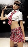 Sensual Mystique Satin mini blouse w/ plaid mini skirt and neck tie 80454