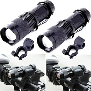 2x Mini Cree Q5 LED Flashlight Torch 7w 700lm Zoomable Light Lamp+bicycle Holder