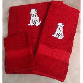 Embroidered Dalmation Puppy on a Dark Red Wash Hand Bath Towel Set