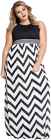Women's Boho Wave Striped Wide Waist Band Halter Beach Long Dress (2XPlus)