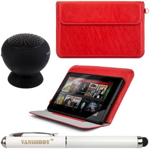 Faux Leather Sleeve Cover w/ Kickstand for HP Slate 7 Extreme / Plus / HD 4G / Mesquite / Beats Special Edition / VoiceTab / VoiceTab Ultra 7 inch Tablets + Laser Stylus Pen + Black Bluetooth Speaker w/ Suction Stand (Red)