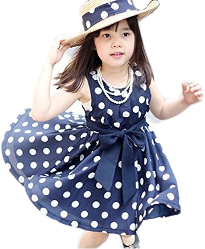 Metee Dresses Girls Blue Chiffon Polka Dot Sundress Dress Bow Tie(XXL, 6-7 Years)